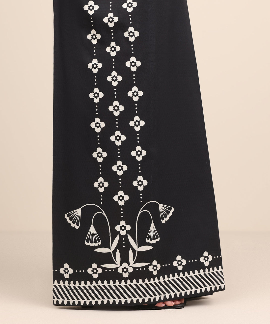 Women's RTW Textured Cotton Black Printed Flared Pants