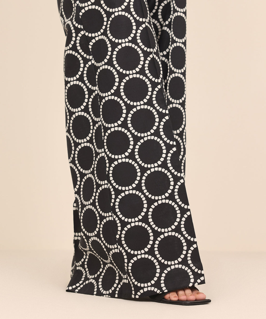 Women's RTW Textured Cotton Black Printed Flared Pants