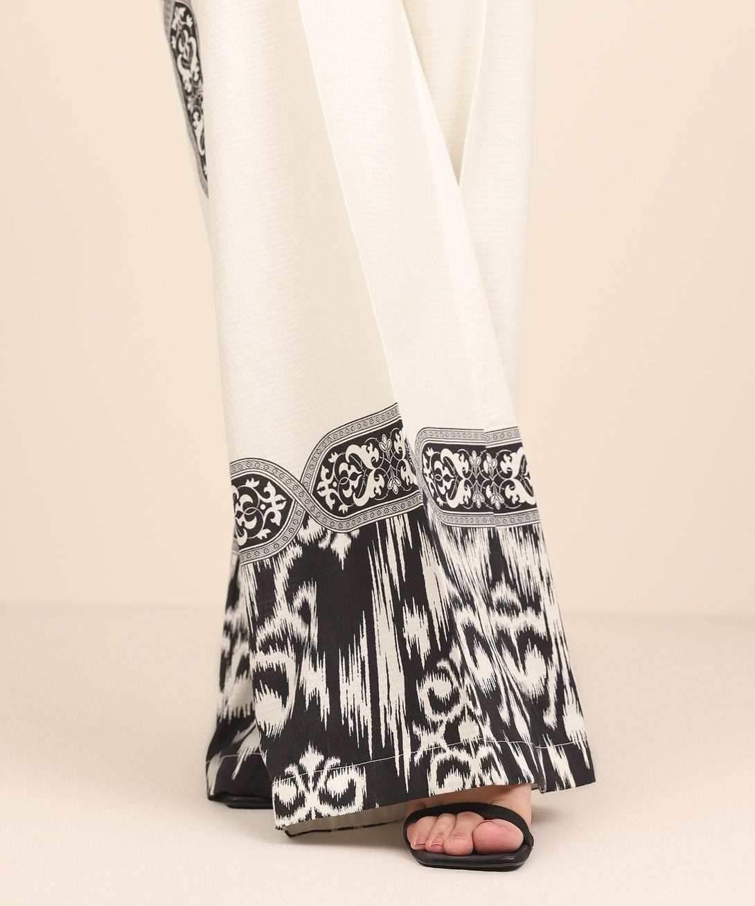 Women's RTW Textured Cotton White Printed Flared Pants