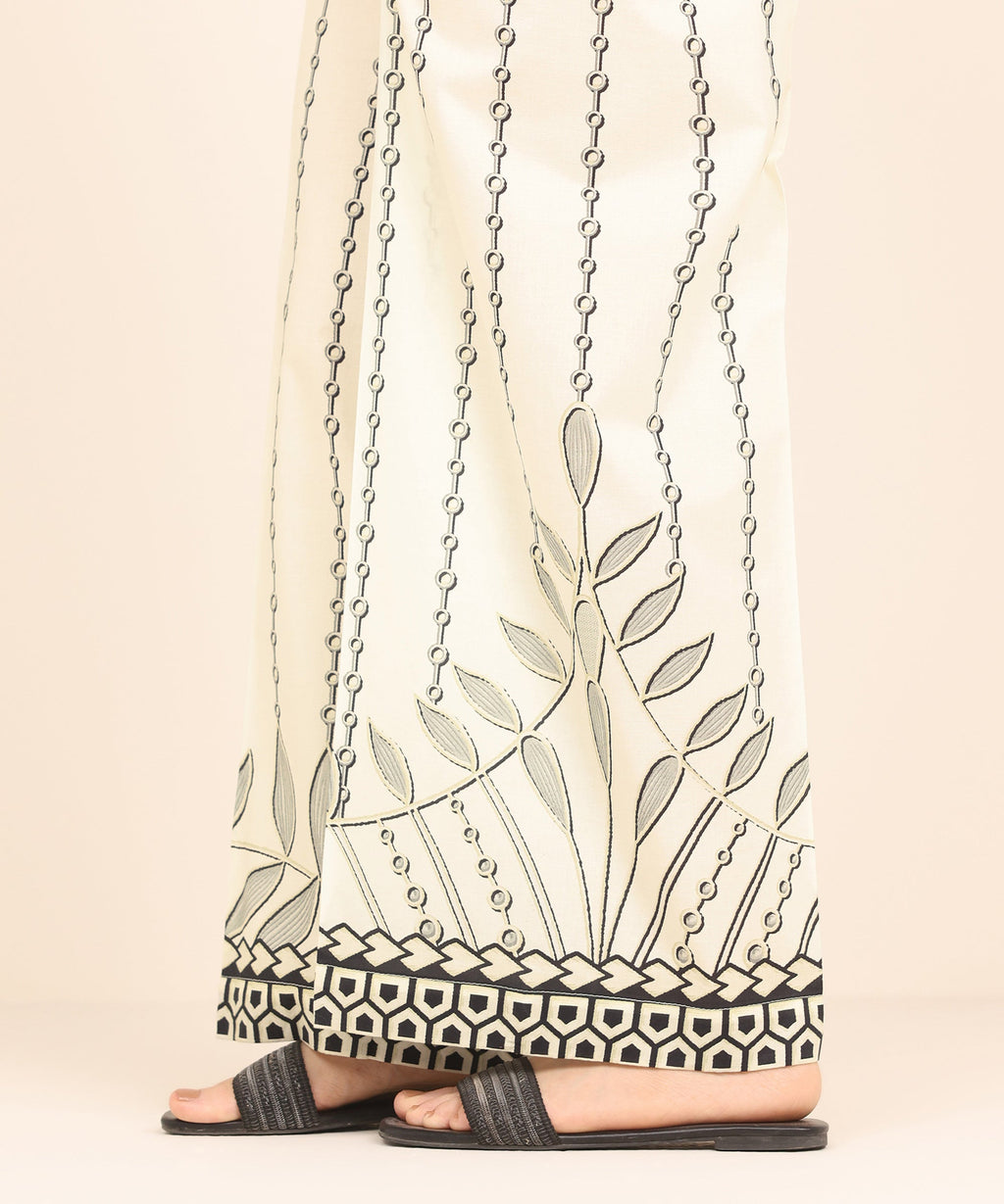Women's RTW Cambric White Printed Flared Pants