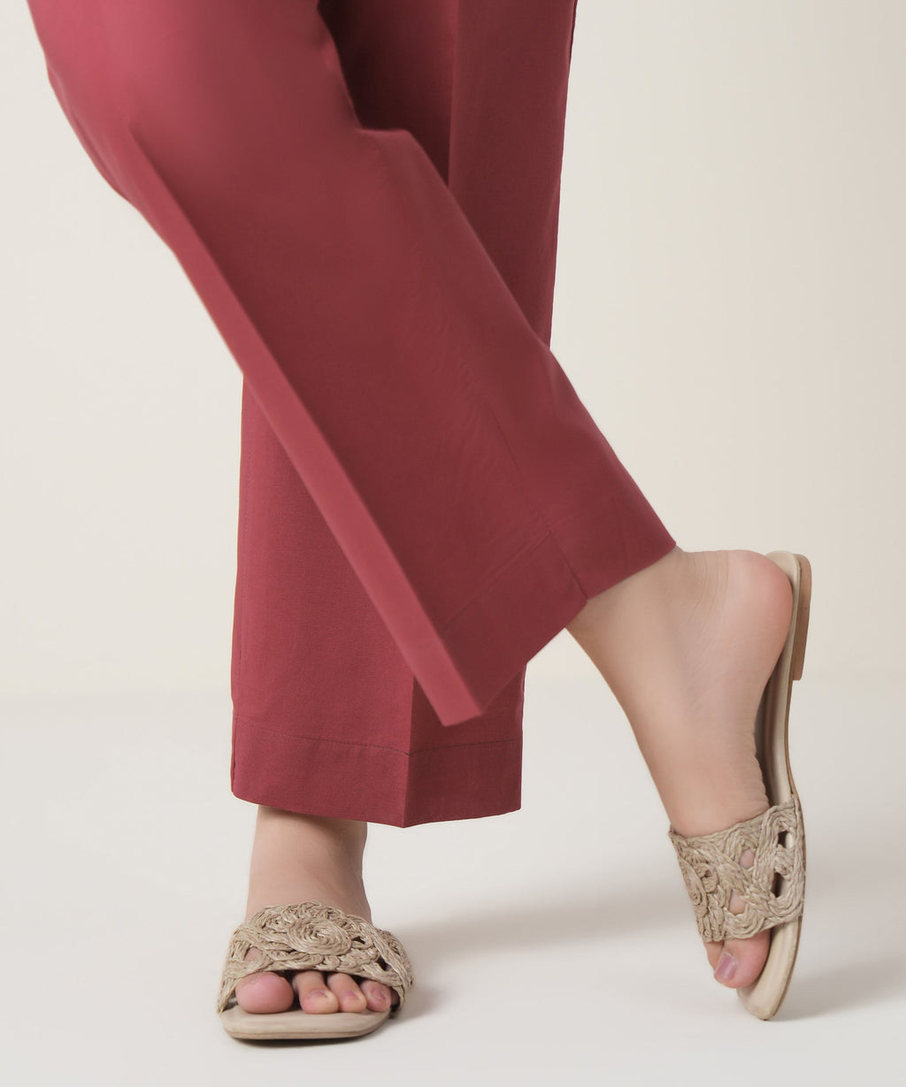 Women's RTW Cambric Maroon Solid Trousers