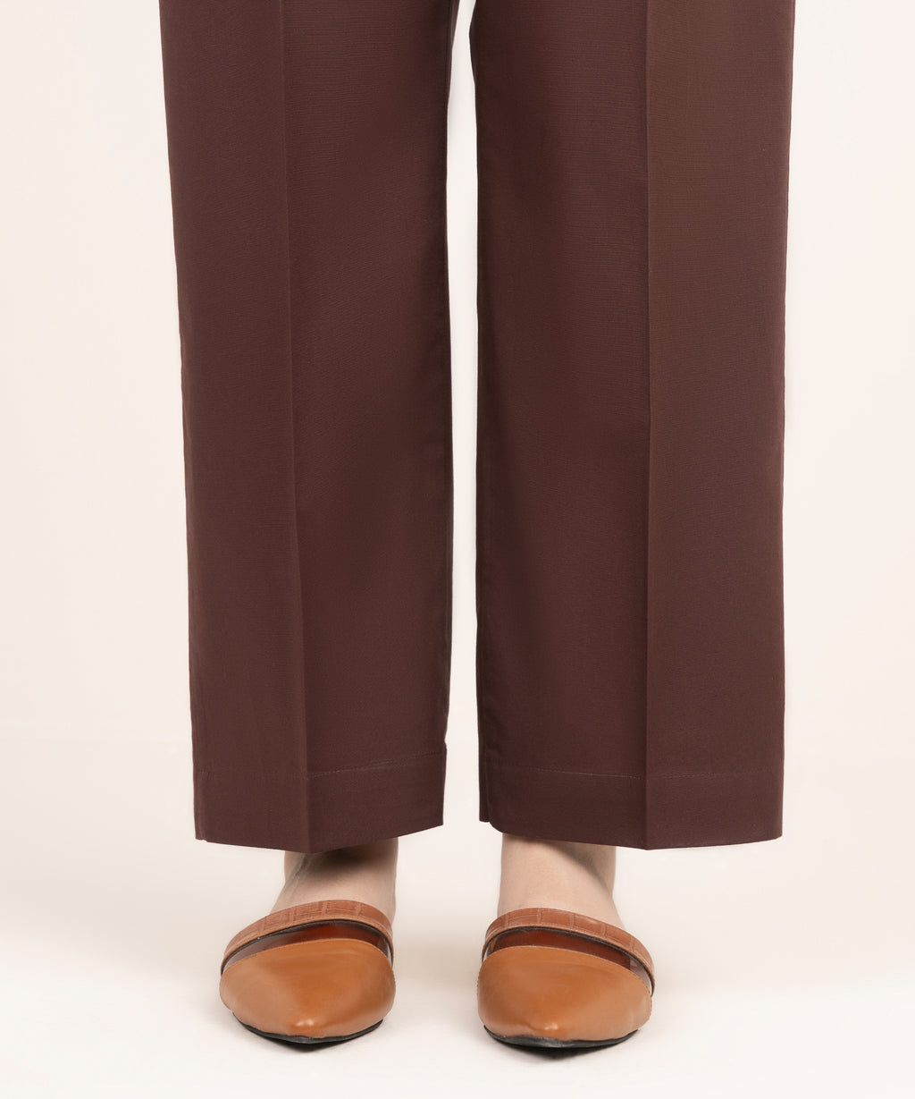 Women's RTW Cambric Brown Solid Straight Pants