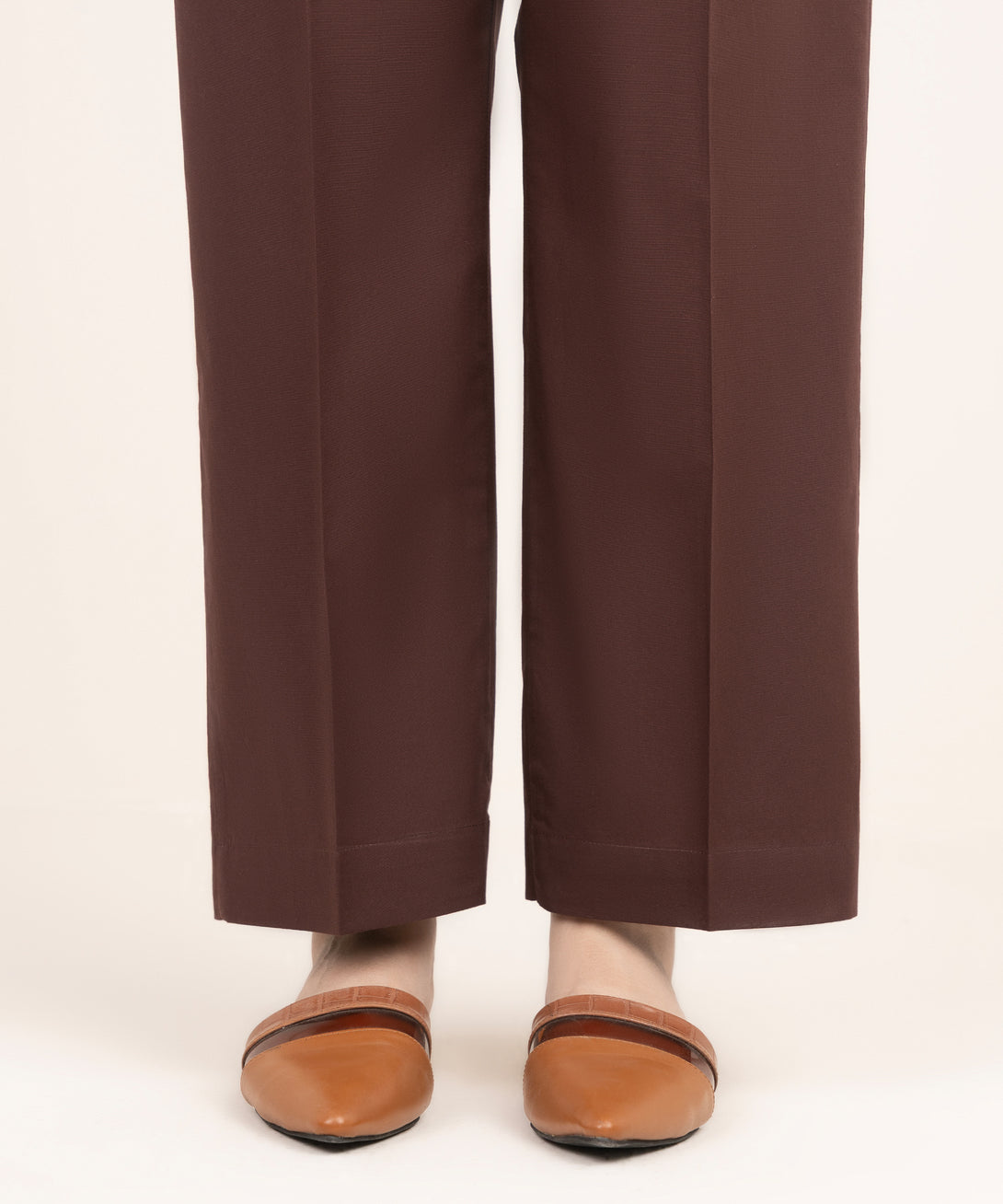 Women's RTW Cambric Brown Solid Straight Pants