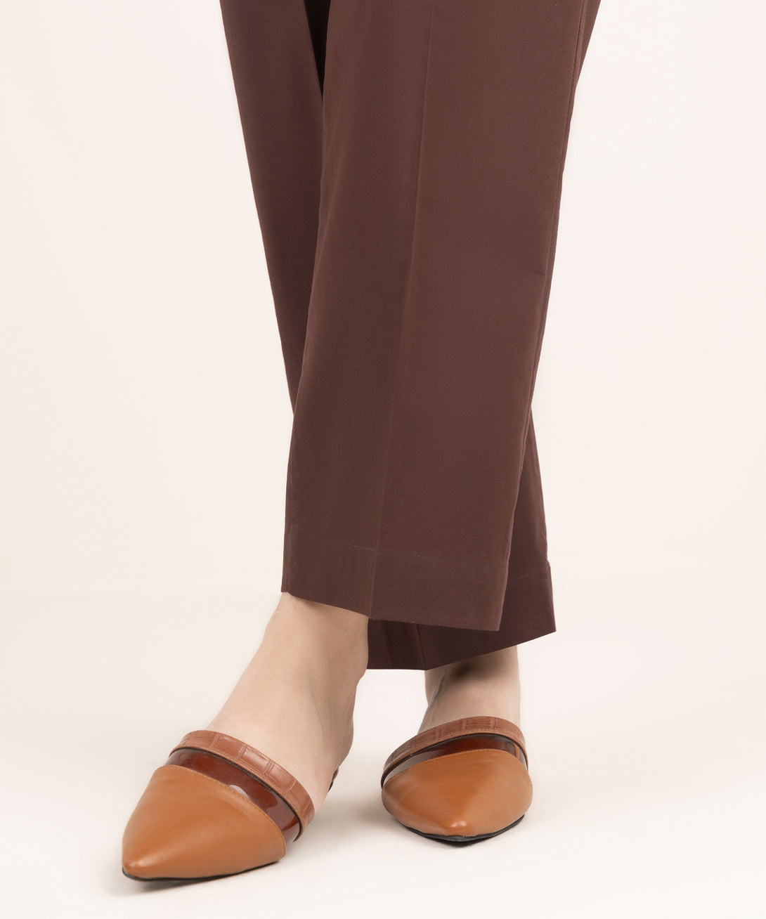 Women's RTW Cambric Brown Solid Straight Pants