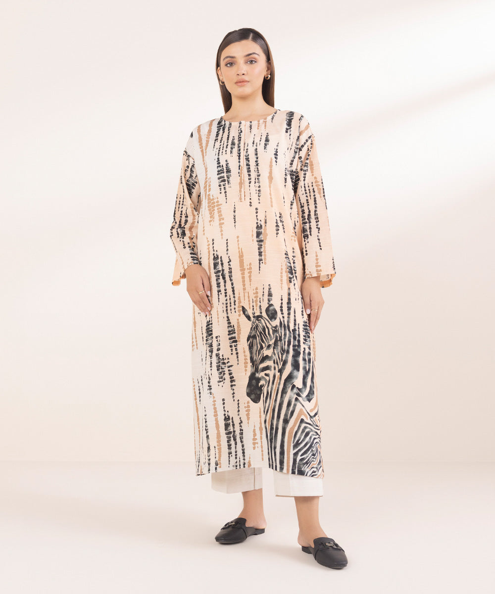 Women's Pret Off White Printed Khaddar Boxy Shirt