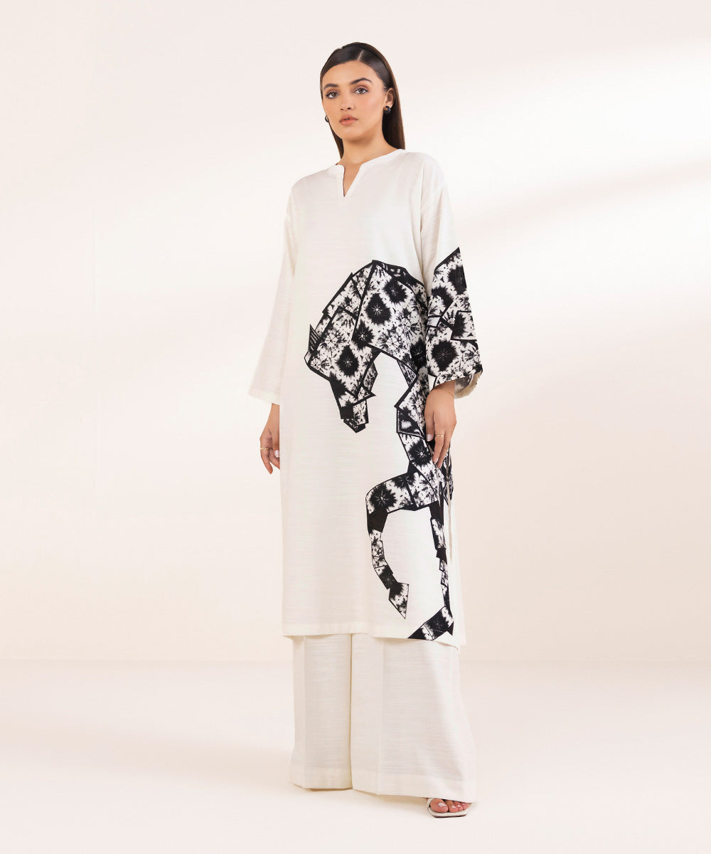 Women's Pret White Printed Khaddar Boxy Shirt