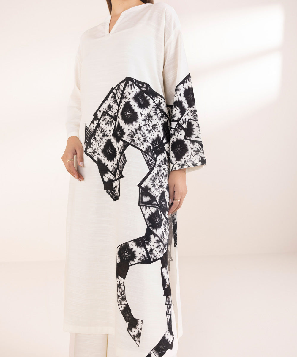 Women's Pret White Printed Khaddar Boxy Shirt