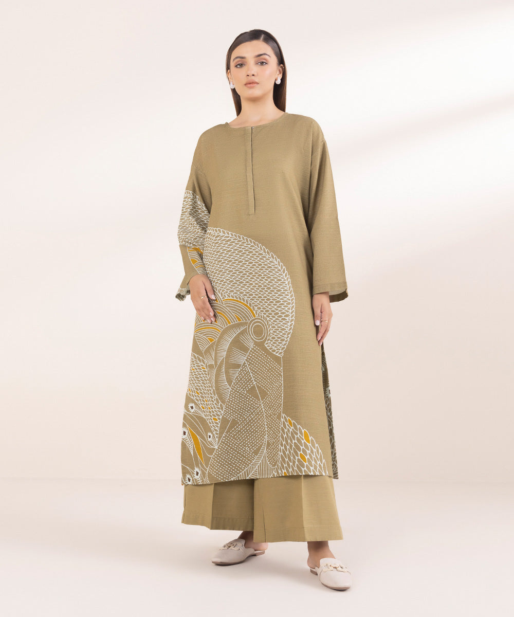 Women's Pret Brown Printed Khaddar Boxy Shirt