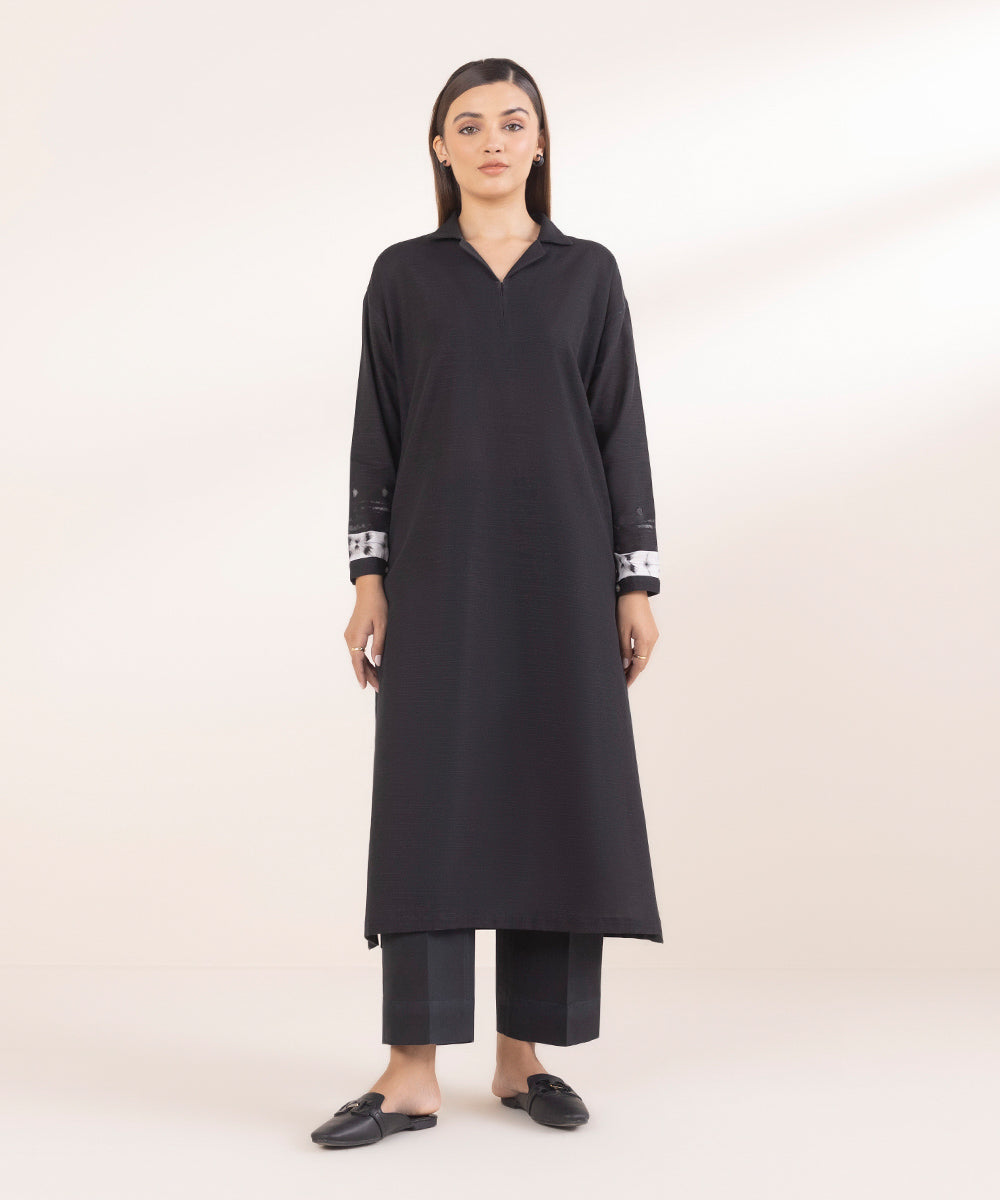 Women's Pret Black Printed Khaddar Boxy Shirt