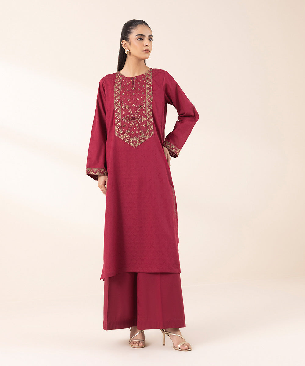 Women's RTW Cotton Jacquard Red Embroidered A-Line Shirt