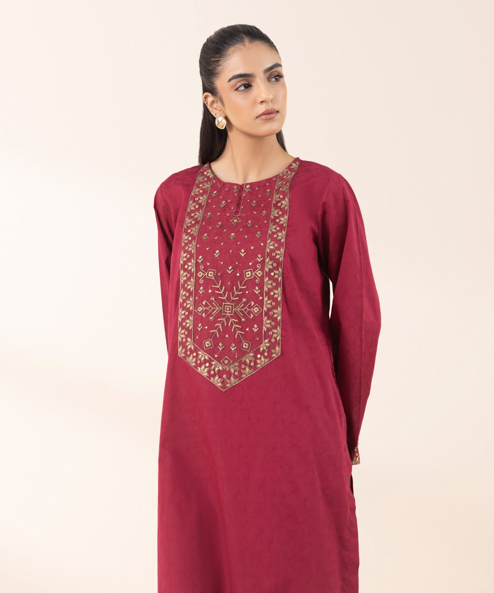 Women's RTW Cotton Jacquard Red Embroidered A-Line Shirt