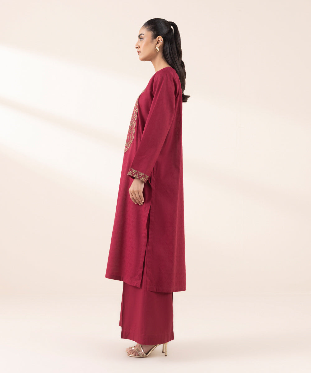 Women's RTW Cotton Jacquard Red Embroidered A-Line Shirt