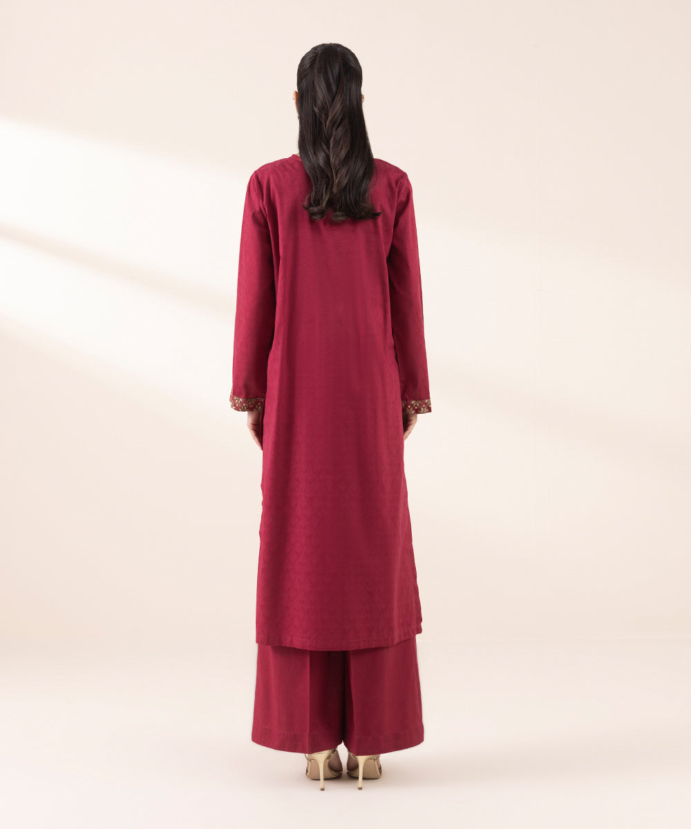 Women's RTW Cotton Jacquard Red Embroidered A-Line Shirt