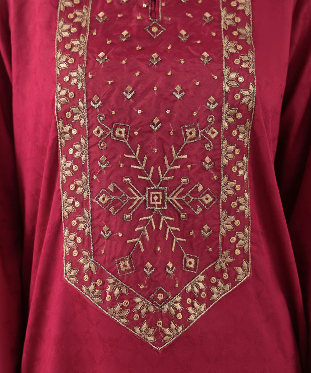 Women's RTW Cotton Jacquard Red Embroidered A-Line Shirt