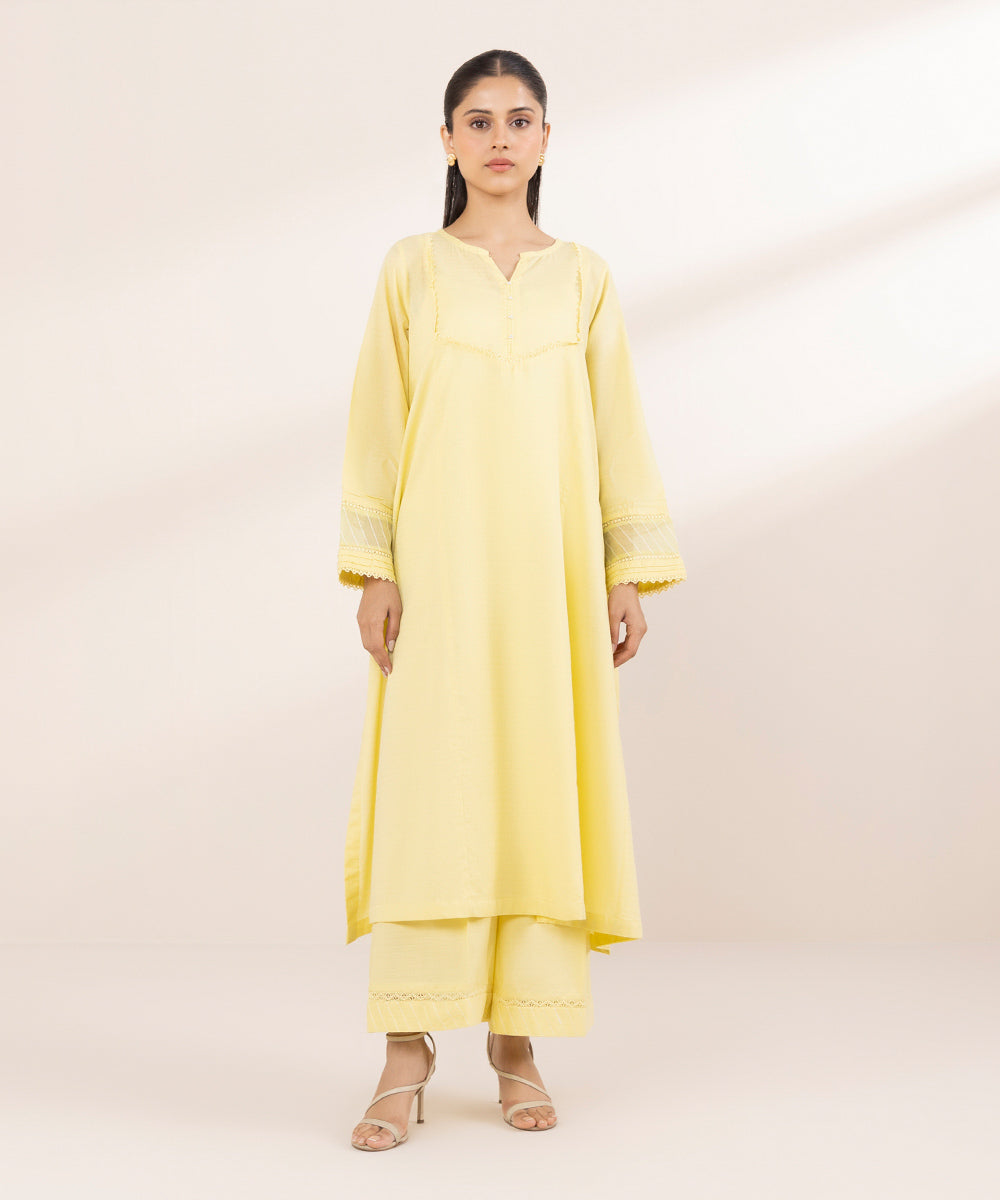 Women's RTW Dobby Yellow Solid A-Line Shirt