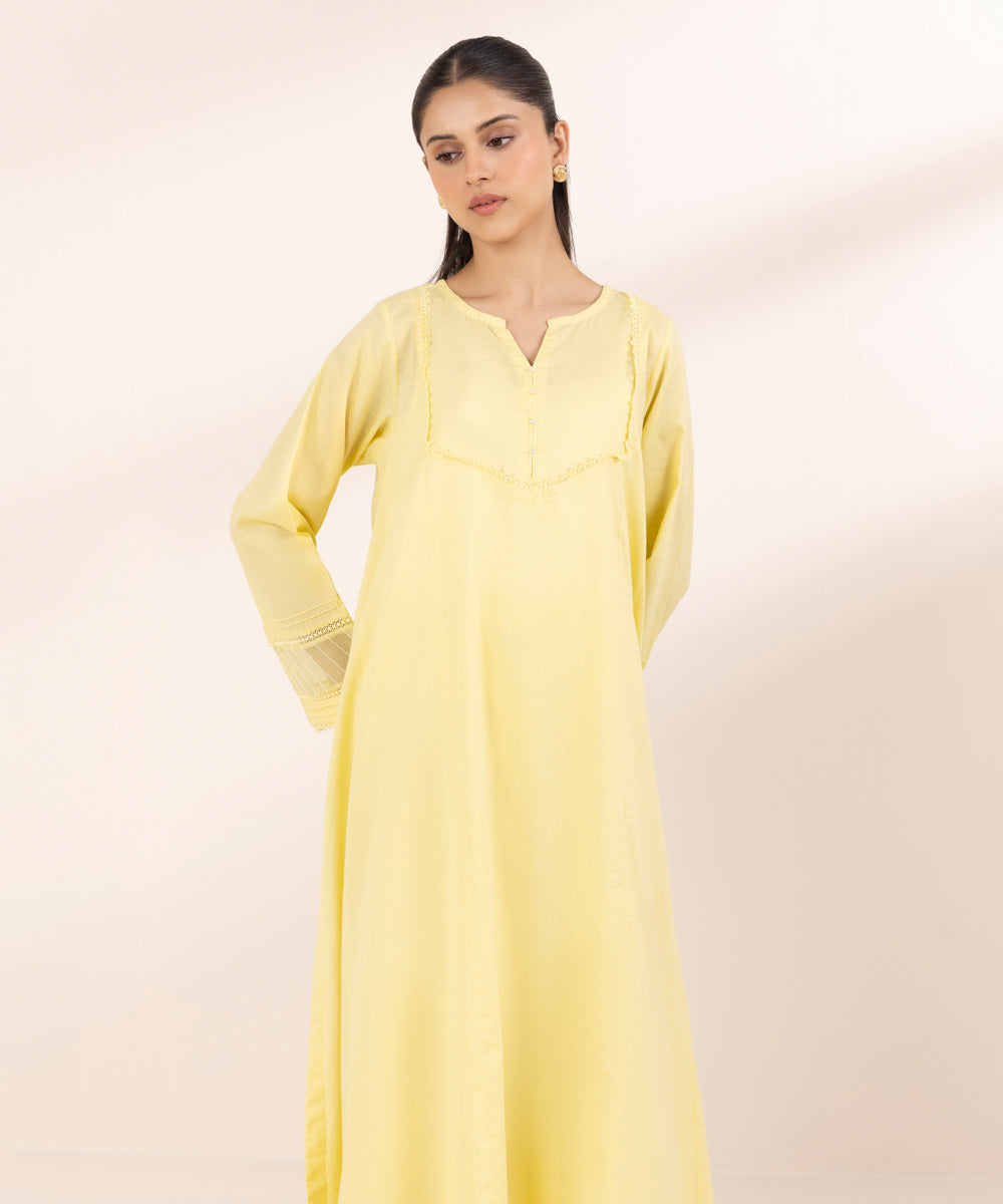 Women's RTW Dobby Yellow Solid A-Line Shirt