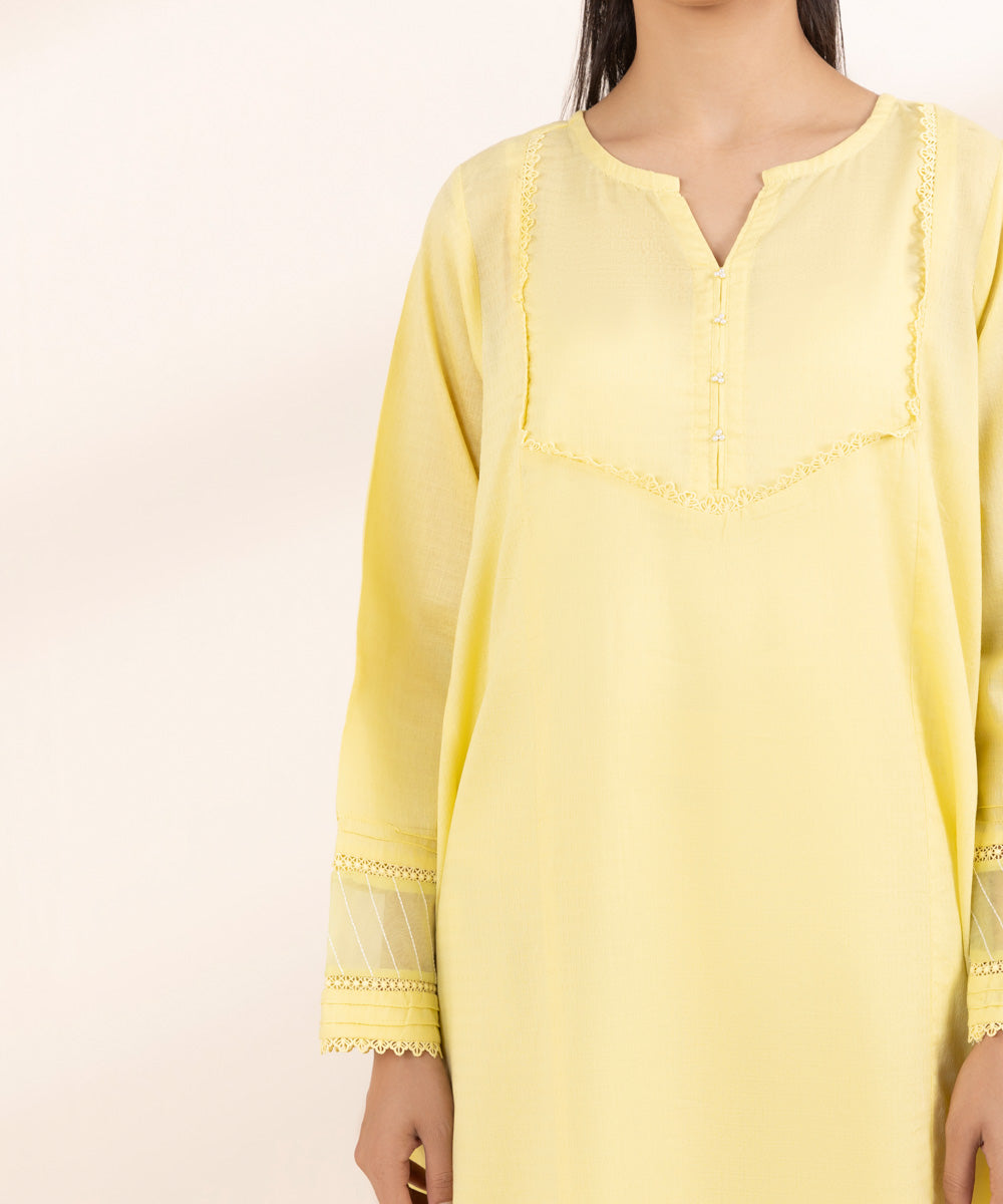Women's RTW Dobby Yellow Solid A-Line Shirt