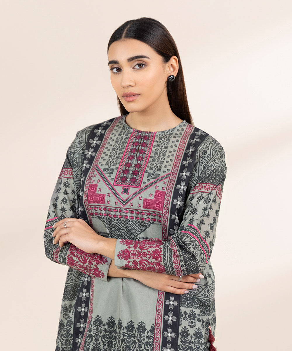 Women's Pret Cambric Grey Printed Boxy Shirt