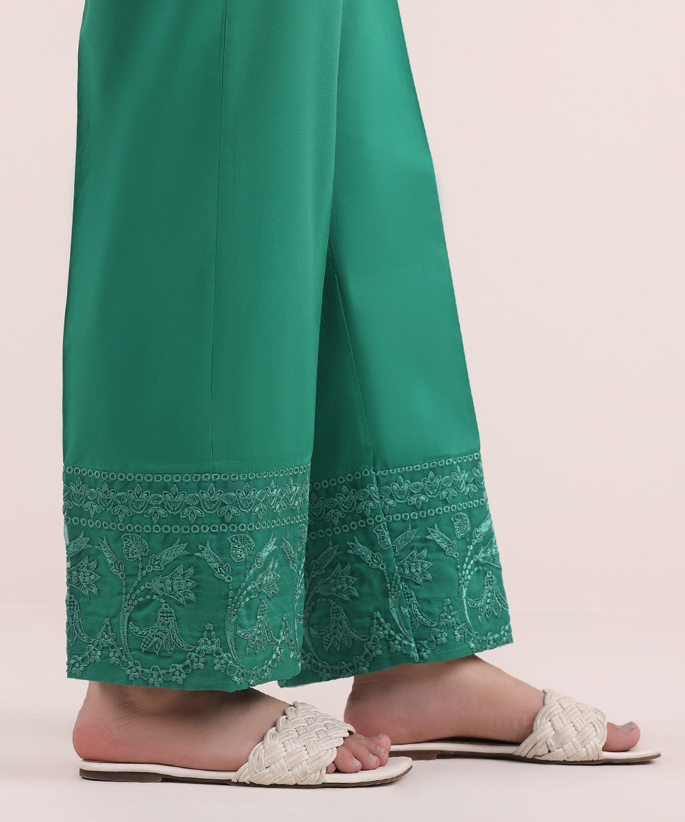 Women's Pret Cambric Green Embroidered Straight Pants