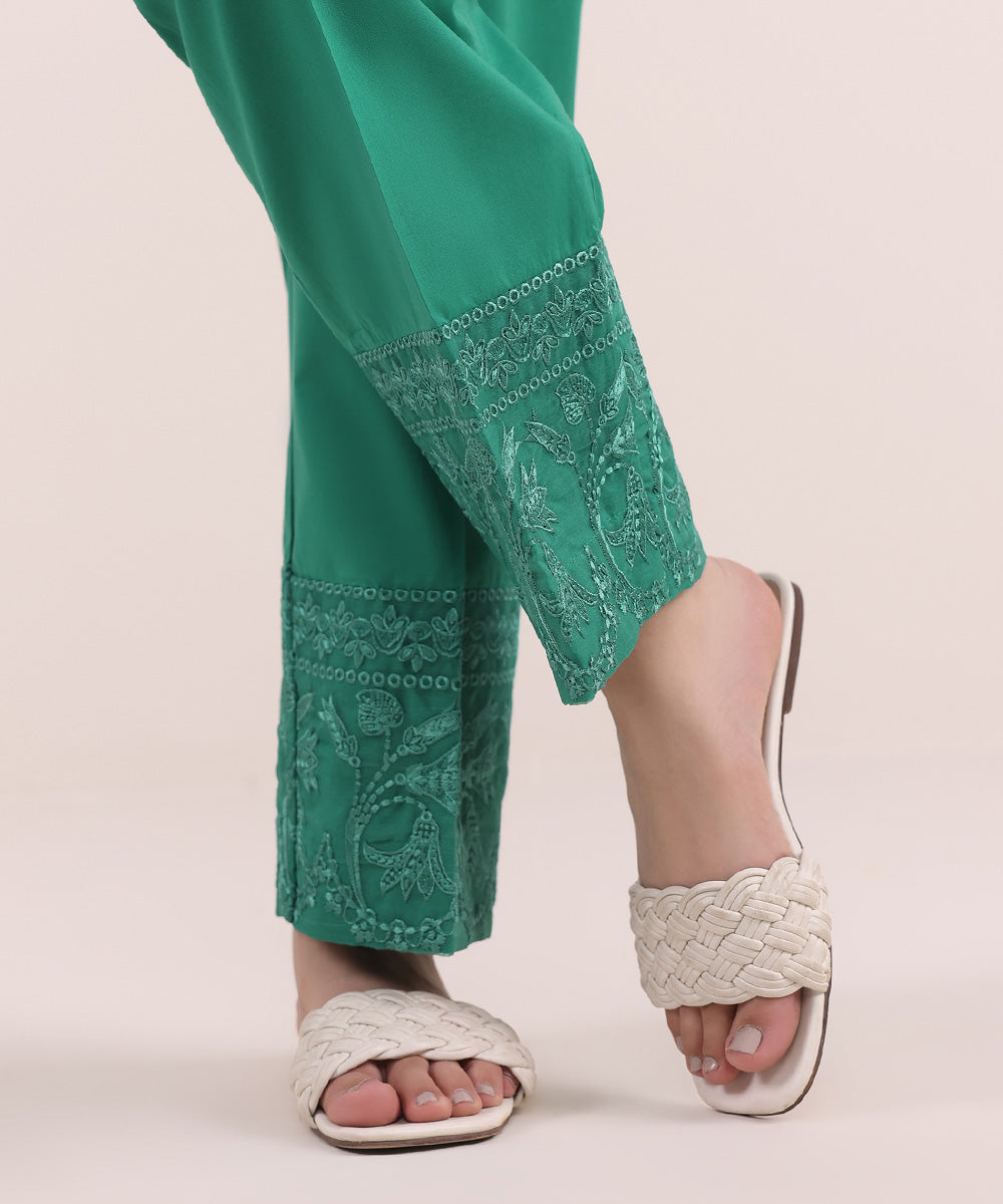 Women's Pret Cambric Green Embroidered Straight Pants