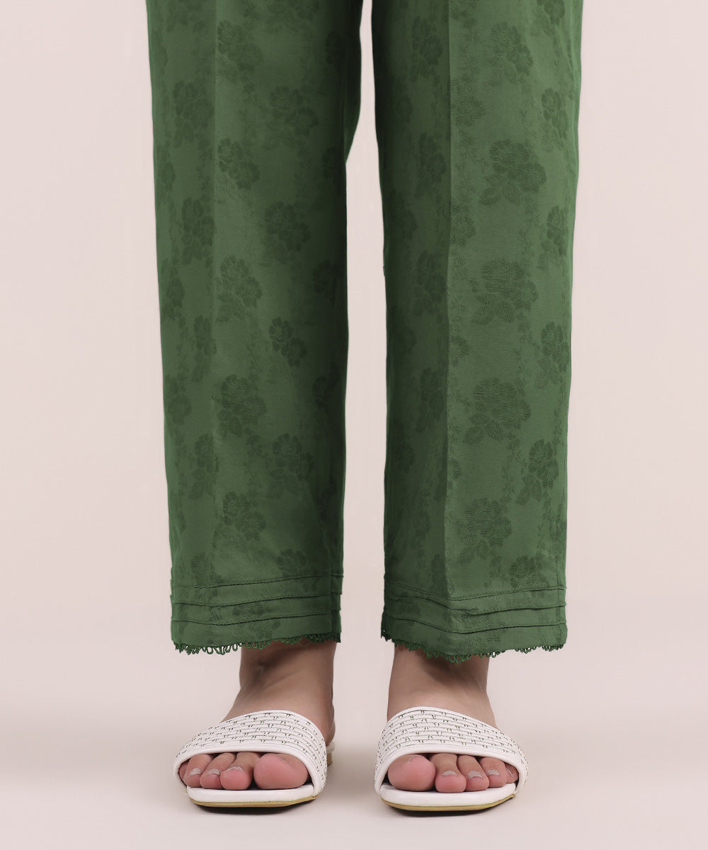 Women's Pret Cotton Jacquard Green Dyed Straight Pants