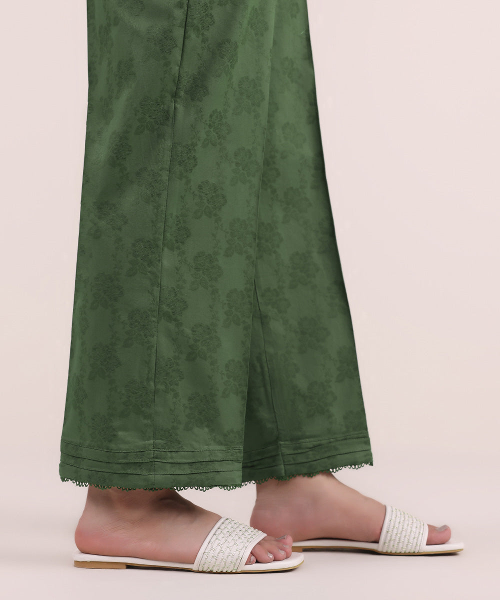 Women's Pret Cotton Jacquard Green Dyed Straight Pants