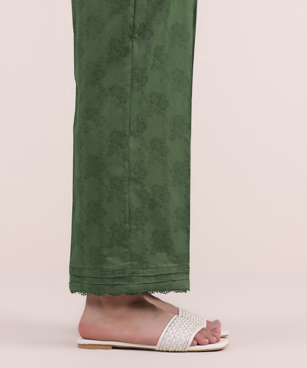 Women's Pret Cotton Jacquard Green Dyed Straight Pants