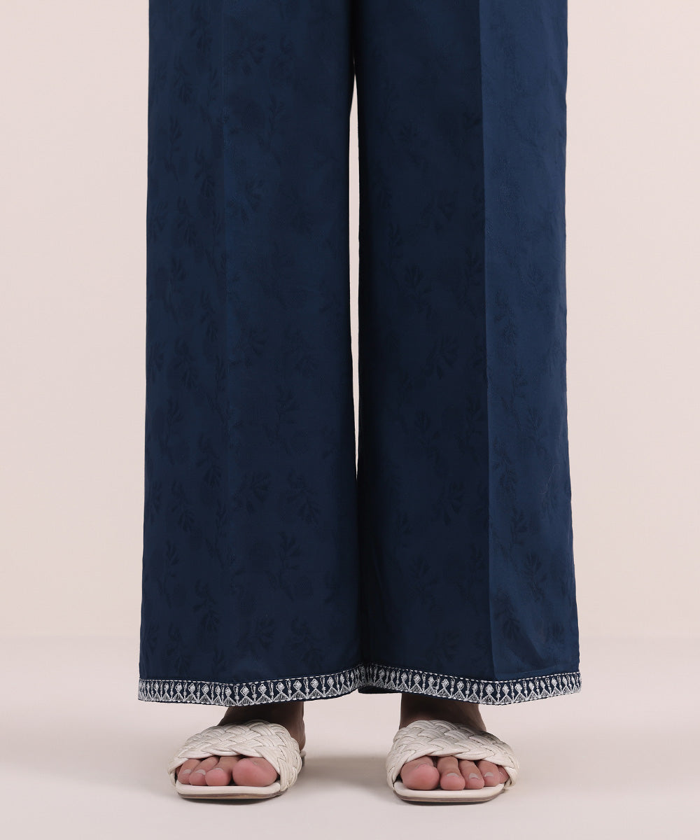 Women's Pret Cotton Jacquard Blue Embroidered Culottes