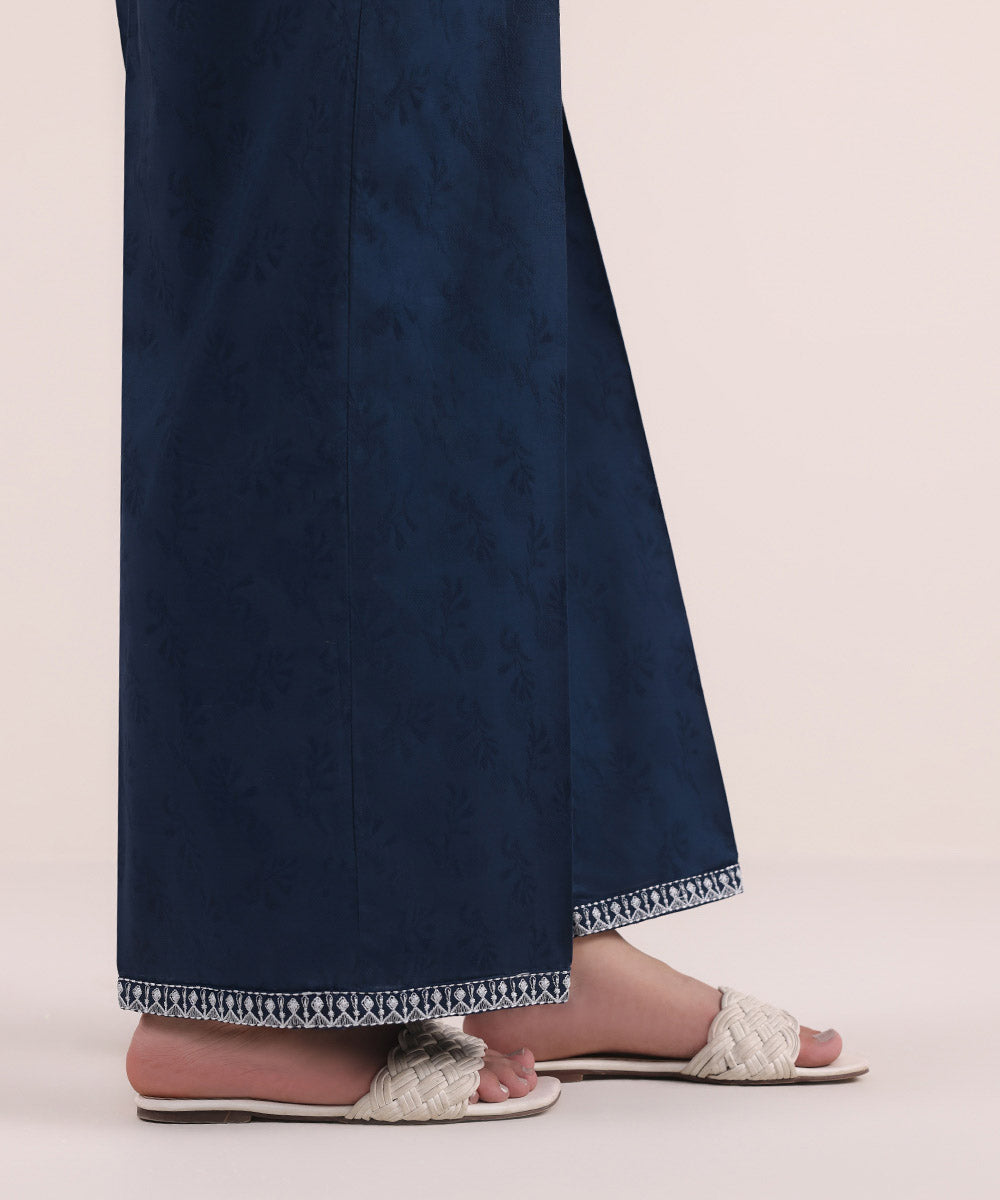 Women's Pret Cotton Jacquard Blue Embroidered Culottes