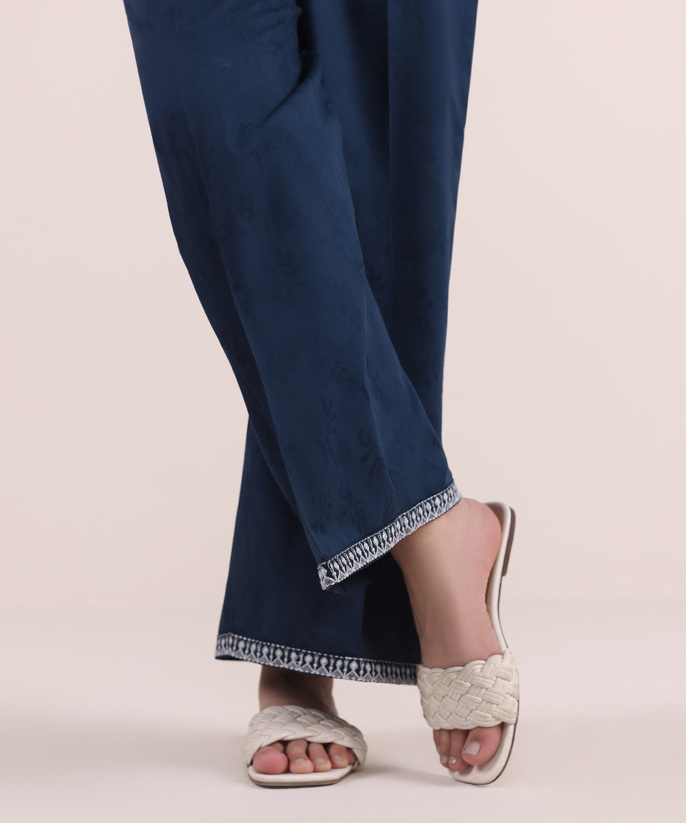 Women's Pret Cotton Jacquard Blue Embroidered Culottes