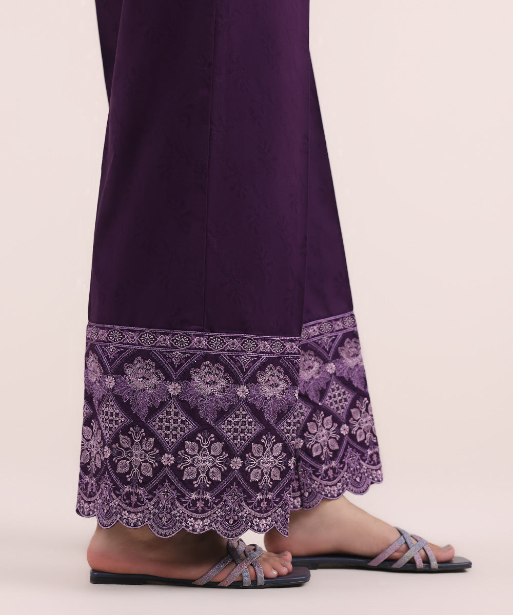 Women's Pret Cotton Jacquard Purple Embroidered Culottes