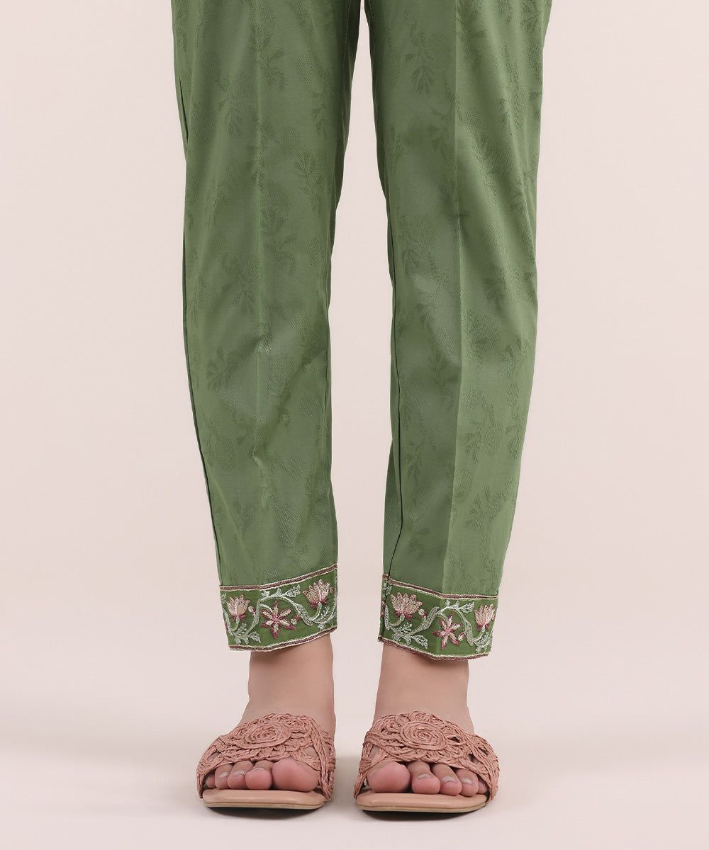 Women's Pret Cotton Jacquard Green Embroidered Cigarette Pants