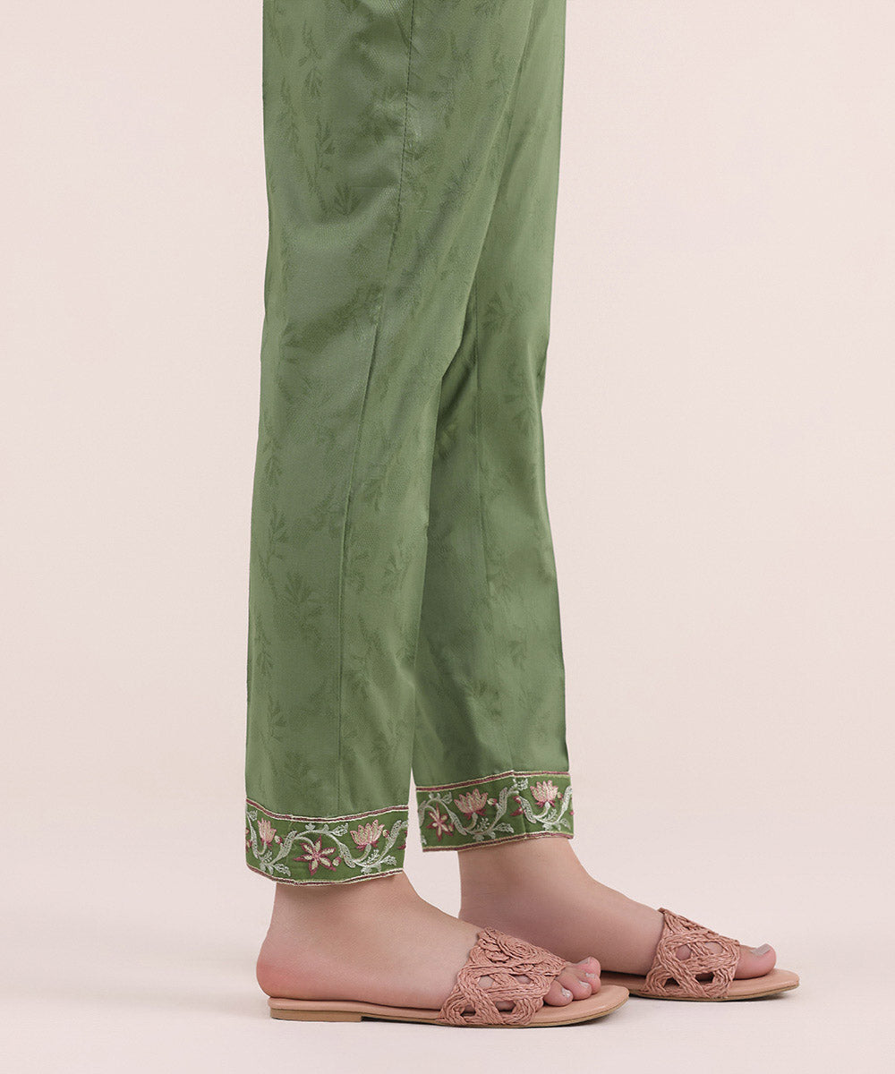 Women's Pret Cotton Jacquard Green Embroidered Cigarette Pants