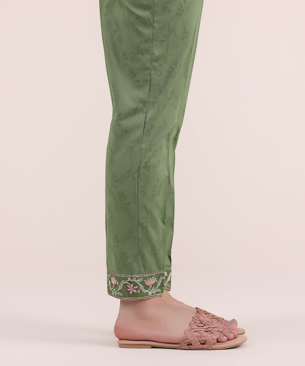 Women's Pret Cotton Jacquard Green Embroidered Cigarette Pants