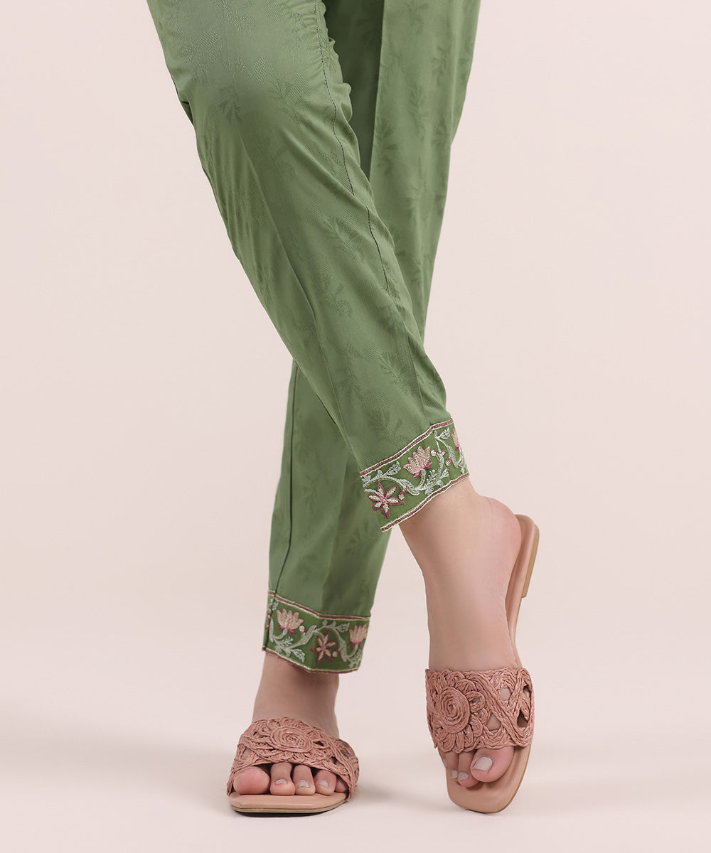 Women's Pret Cotton Jacquard Green Embroidered Cigarette Pants