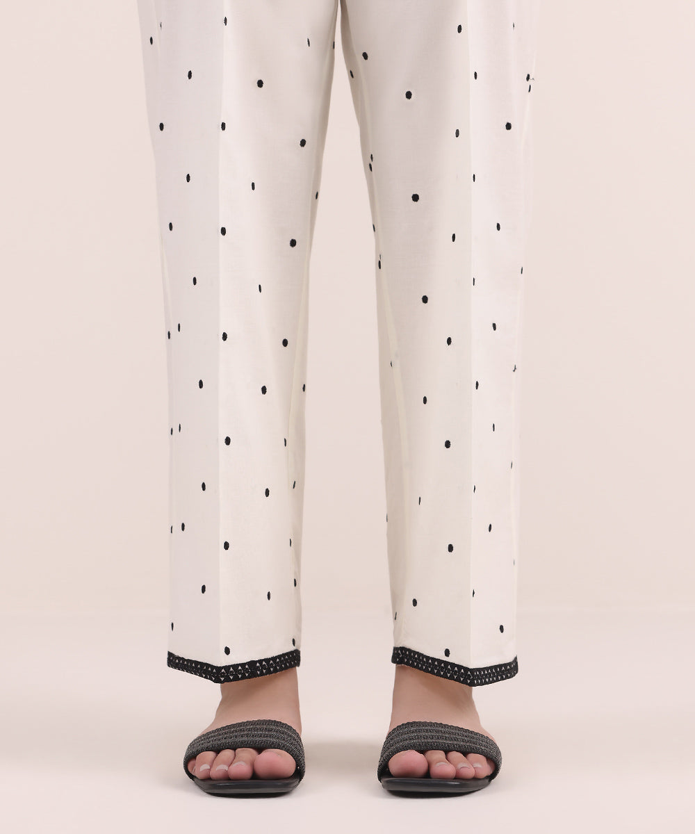 Women's Pret Cambric Off White Embroidered Straight Pants