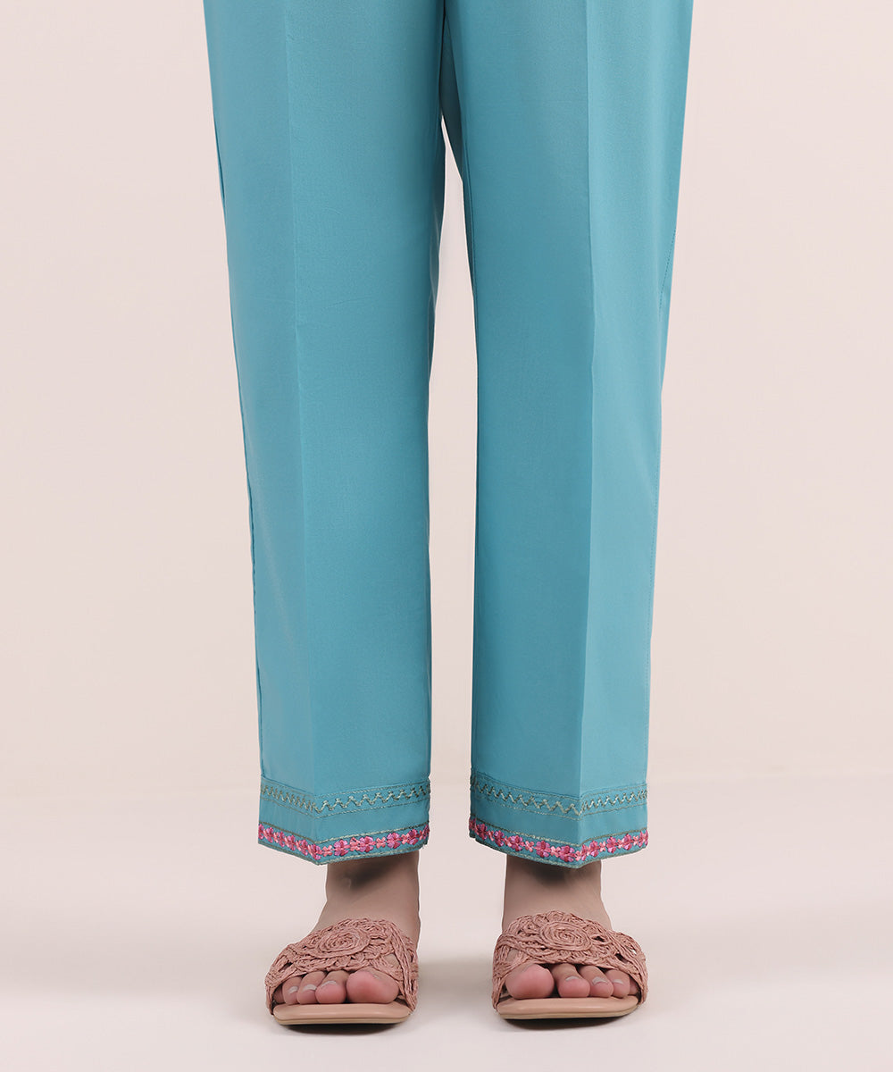 Women's Pret Cambric Blue Embroidered Straight Pants