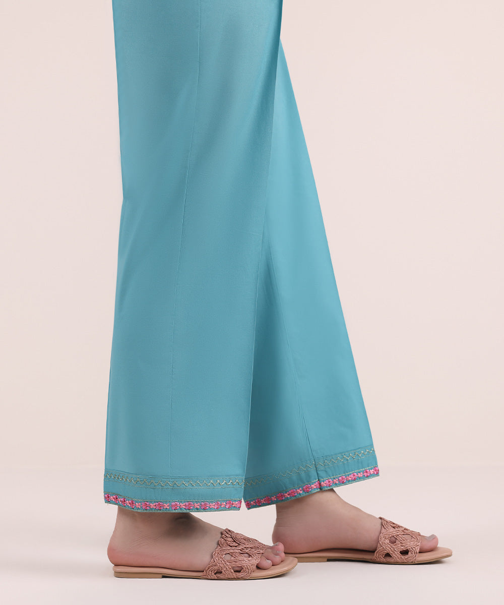 Women's Pret Cambric Blue Embroidered Straight Pants