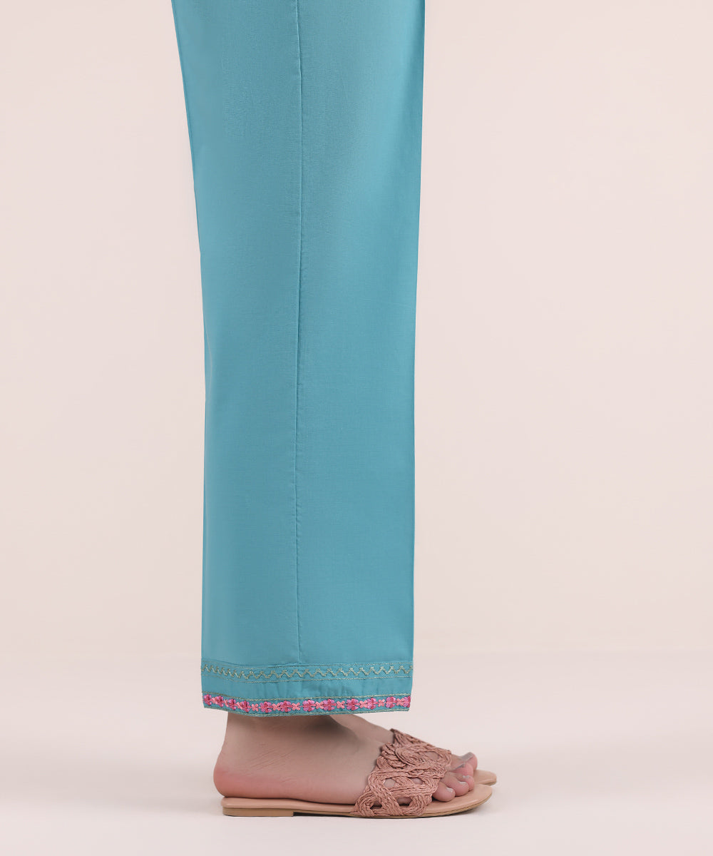 Women's Pret Cambric Blue Embroidered Straight Pants