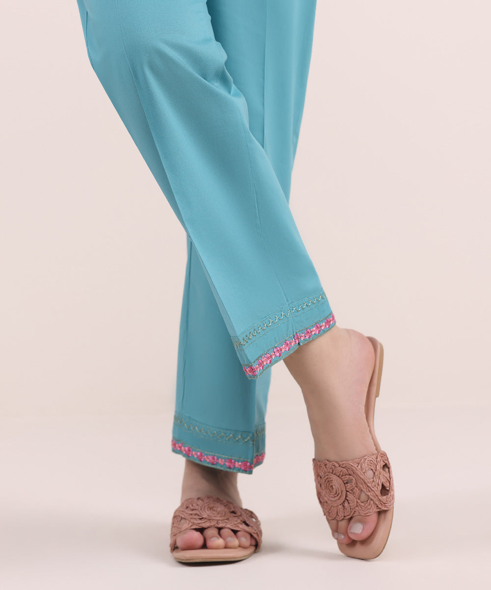 Women's Pret Cambric Blue Embroidered Straight Pants