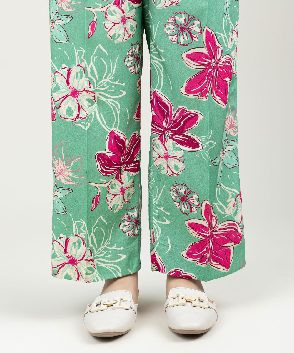 Women's Pret Linen Printed Sea Green Straight Pants