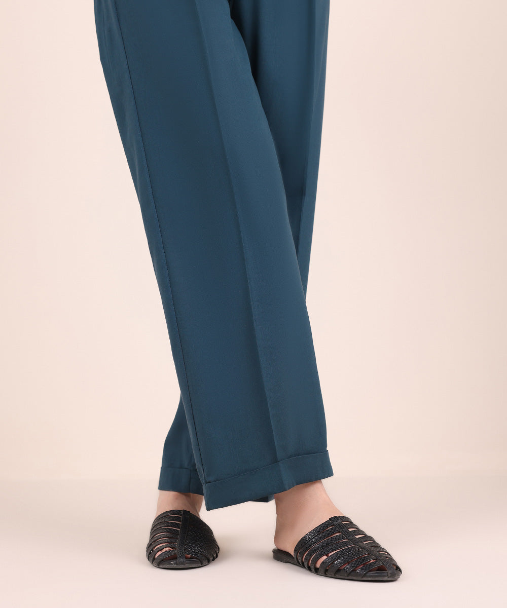 Women's Pret Cotton Viscose Blue Solid Straight Pants