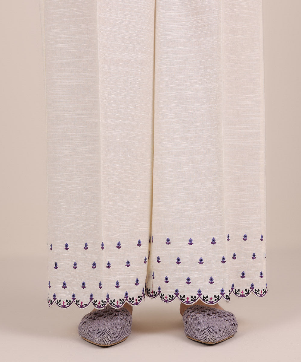 Women's Pret Khaddar Off White Embroidered Culottes