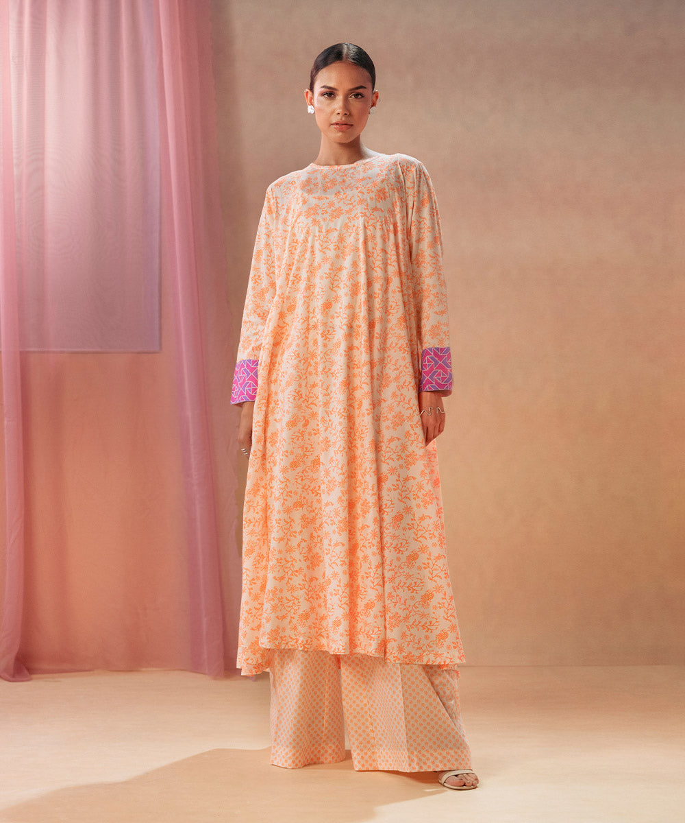 Women's Pret Arabic Lawn Orange Printed A-Line Shirt