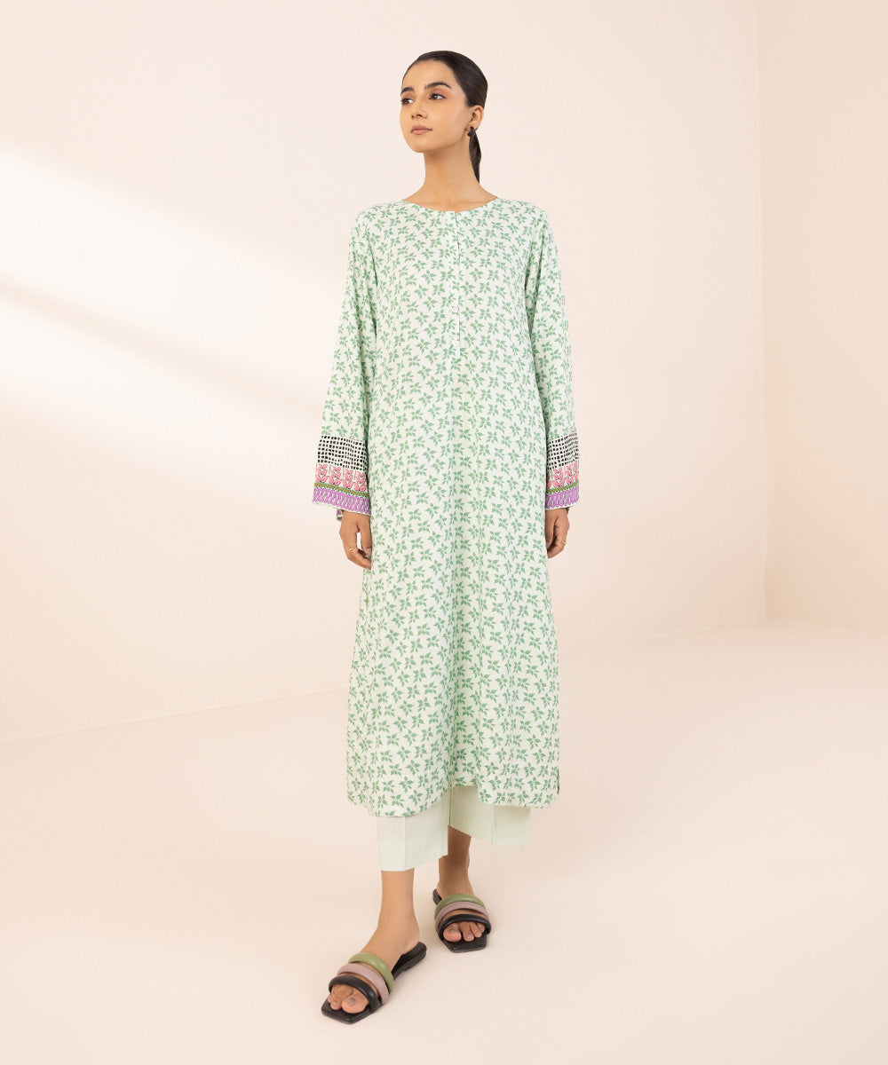 Women's Pret Arabic Lawn Green Printed A-Line Shirt