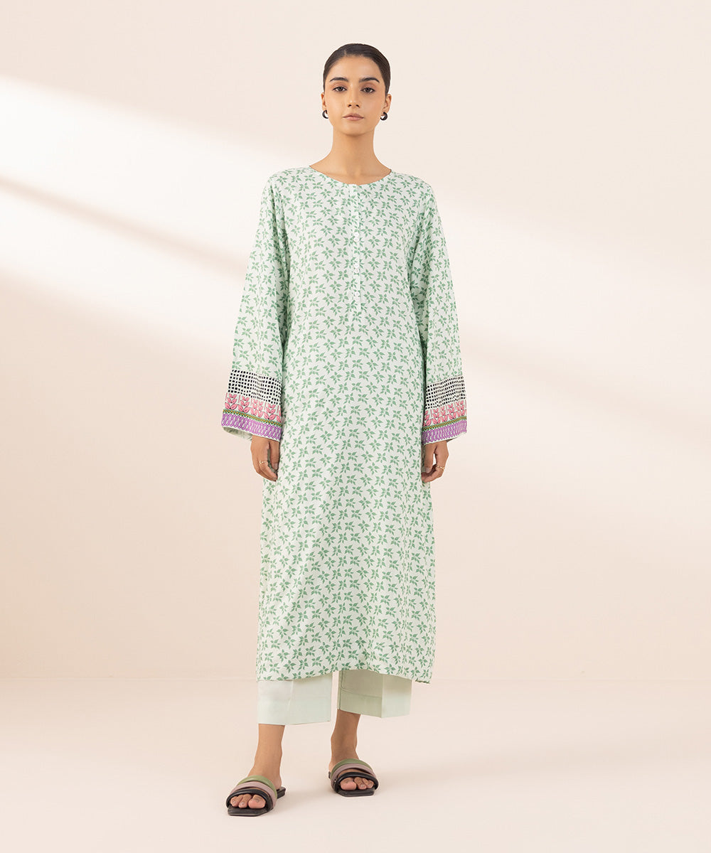 Women's Pret Arabic Lawn Green Printed A-Line Shirt