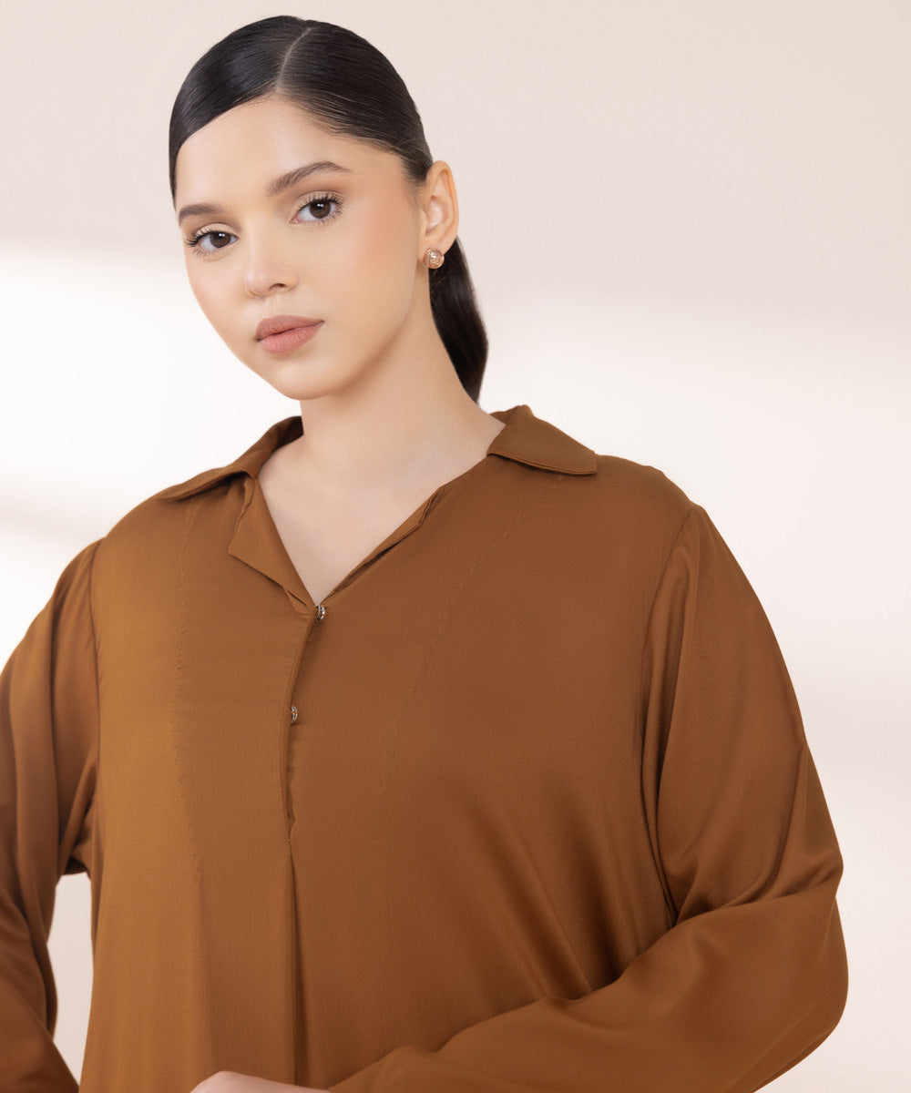 Women's Pret Bedford Brown Solid A-Line Shirt