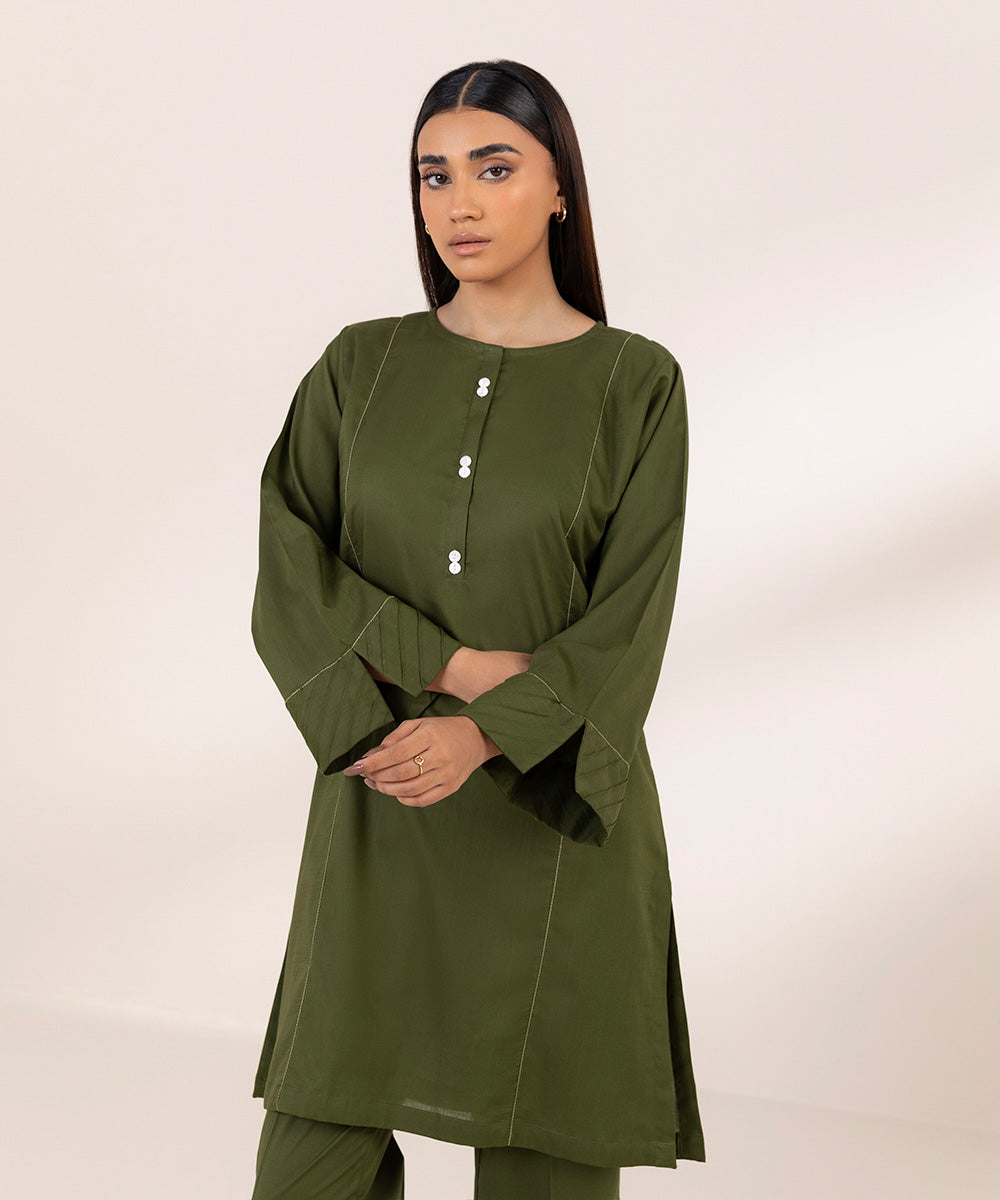 Women's Pret Cross Hatch Dyed Green Boxy Shirt