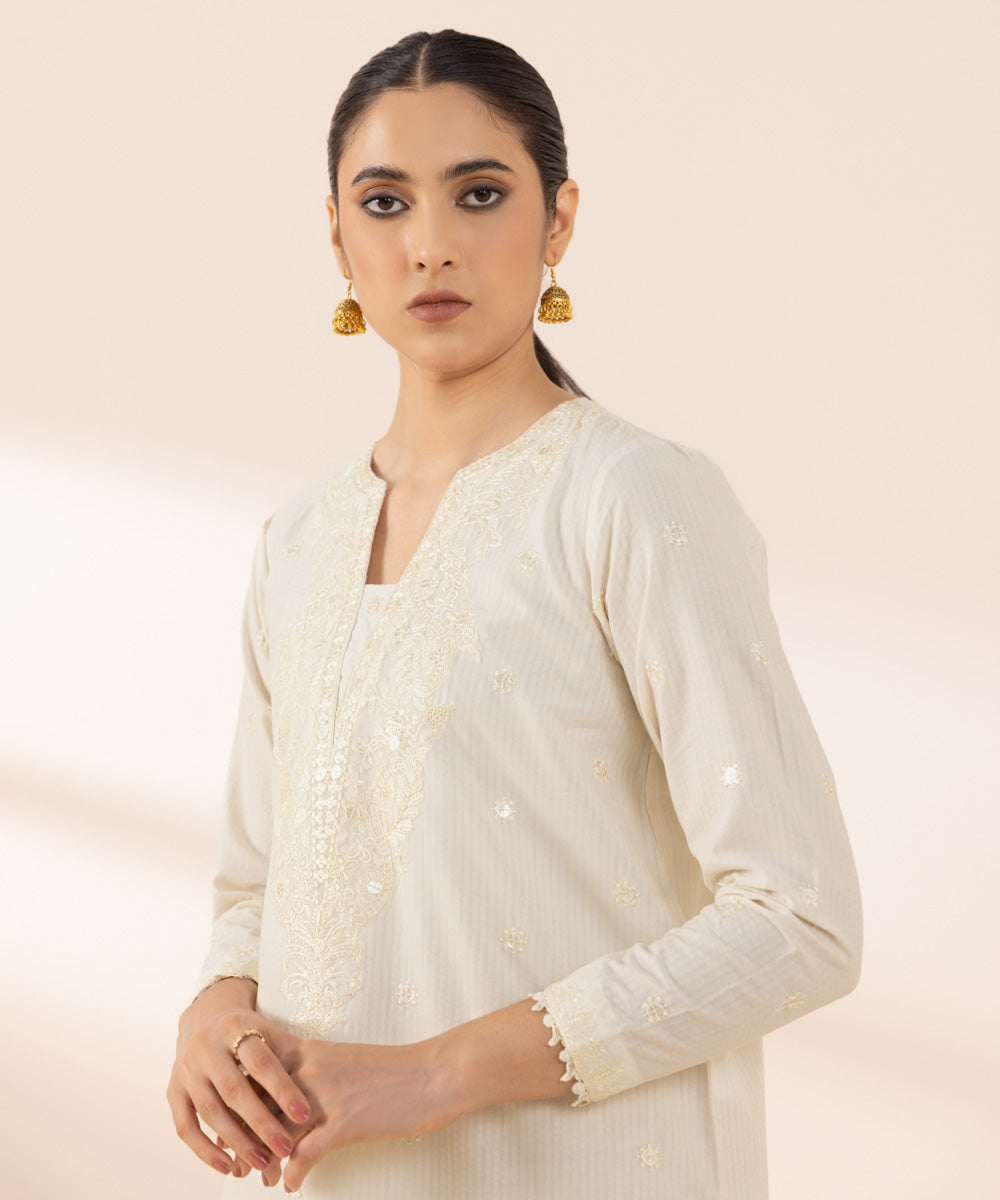 Women's Pret Dobby Off White Solid Embroidered A-Line Shirt