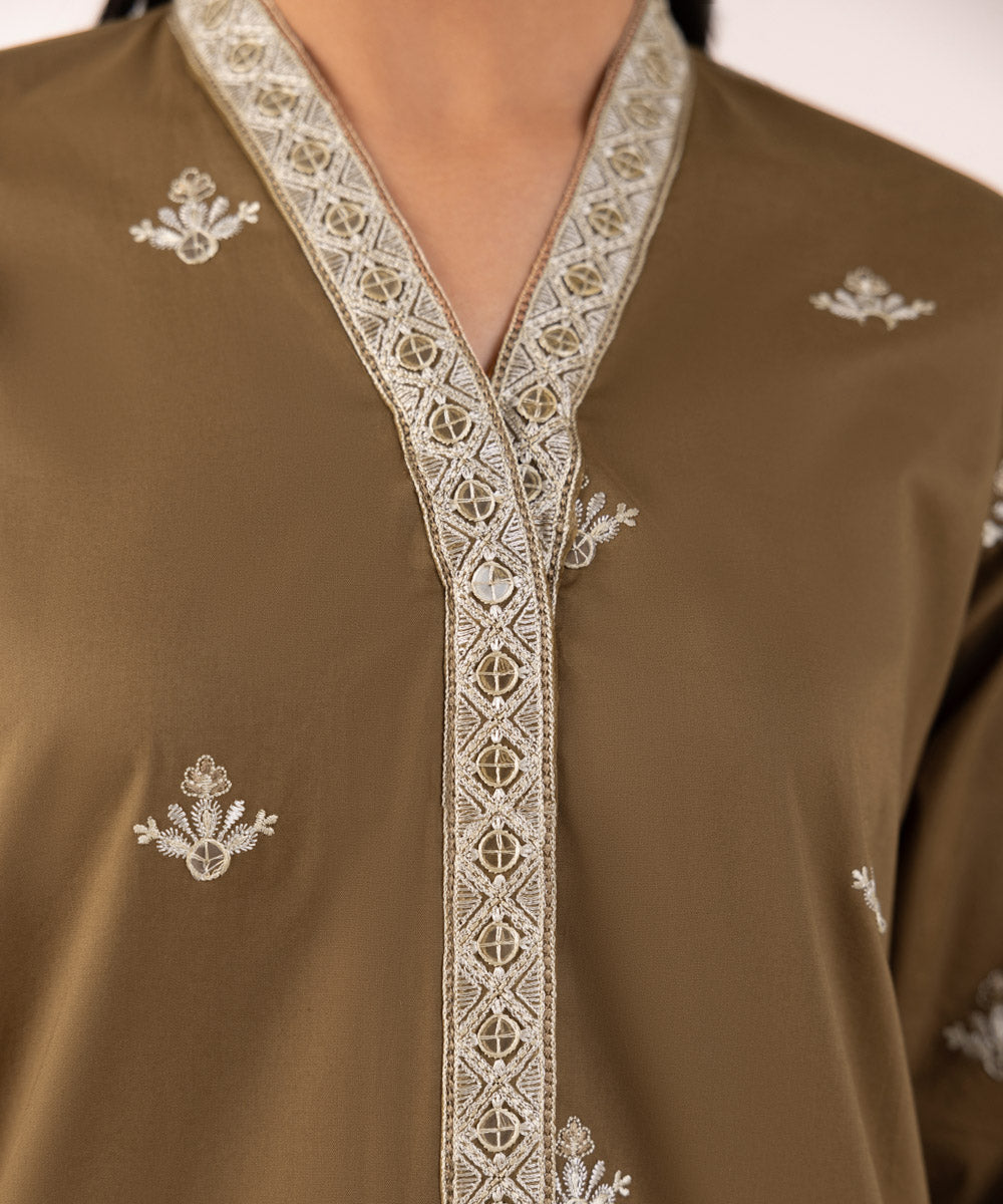 Women's Pret Cambric Embroidered Brown A-Line Shirt